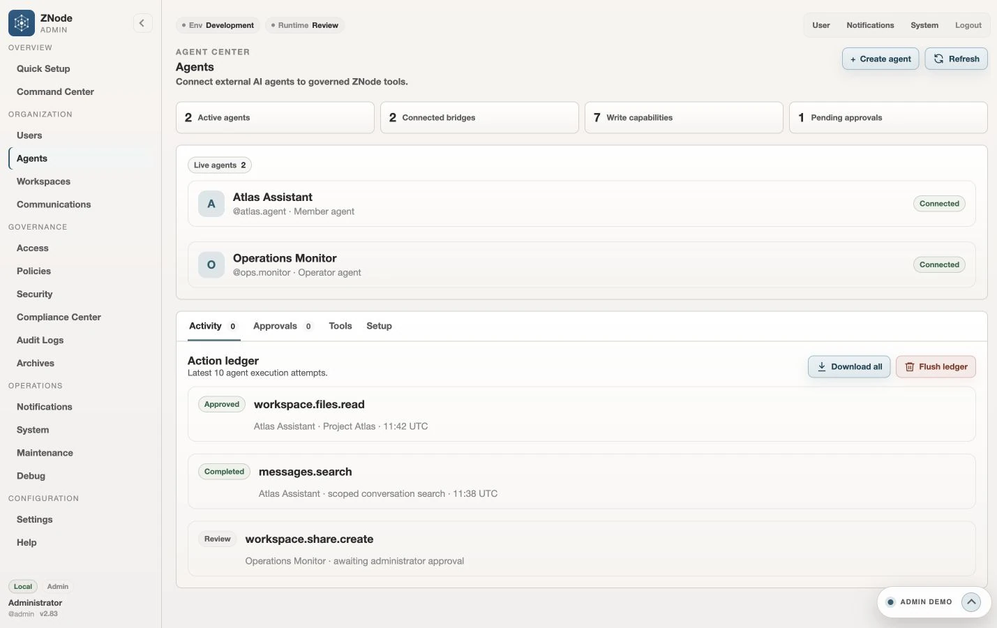 ZNode Agent Center in the public interactive demo