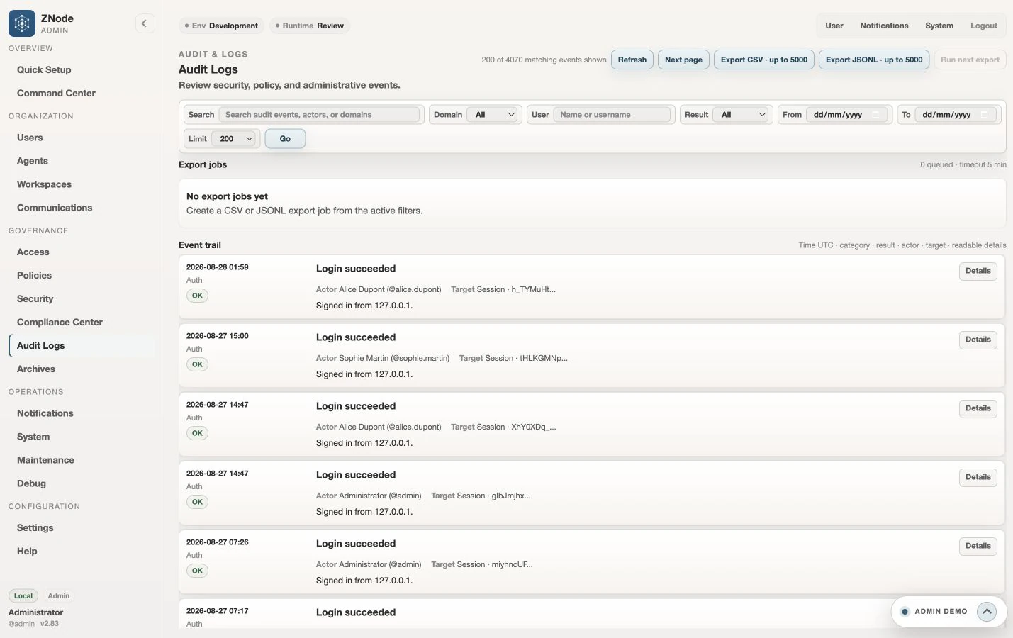 ZNode Audit interface in the public interactive demo