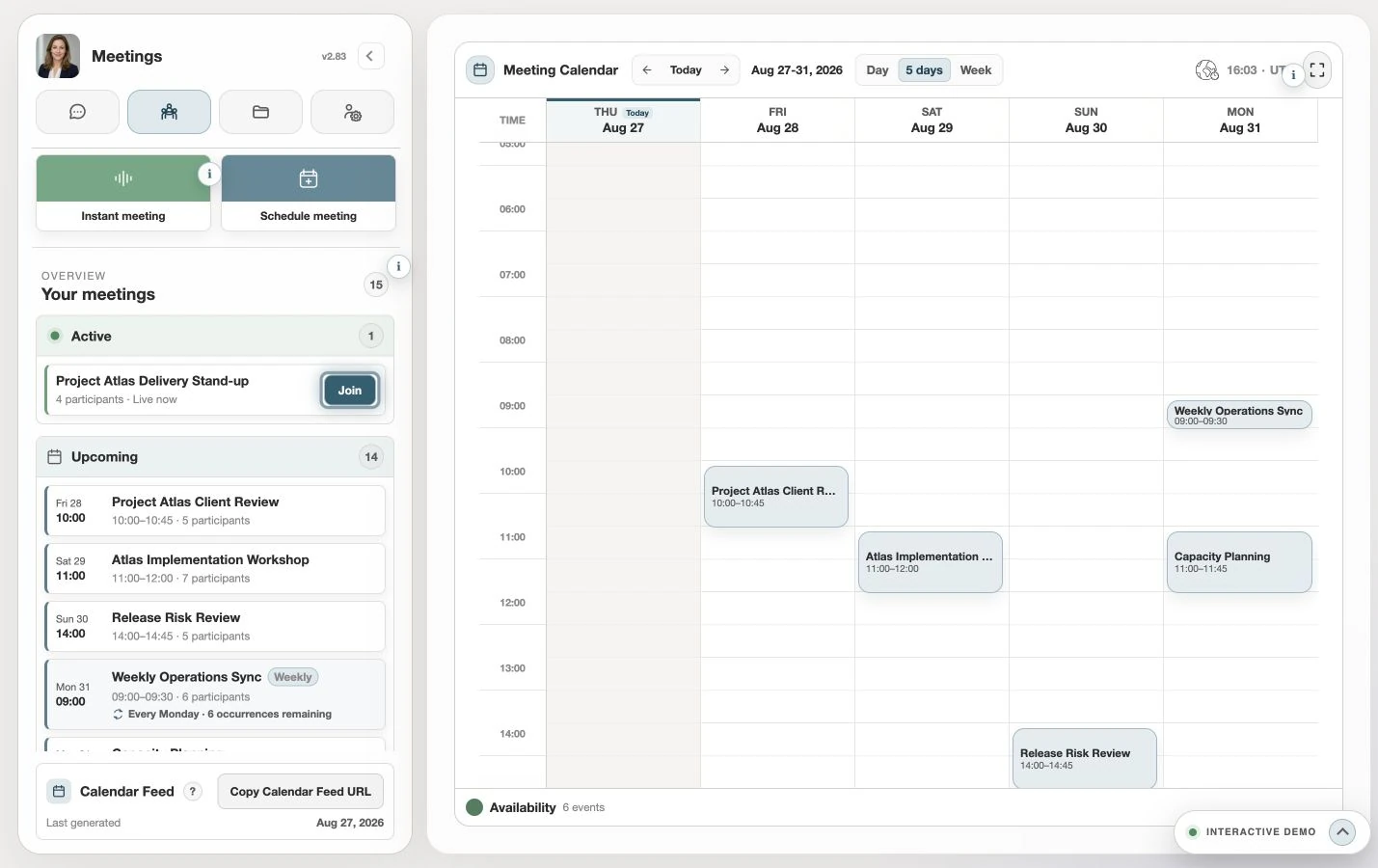 ZNode Meetings interface in the public interactive demo