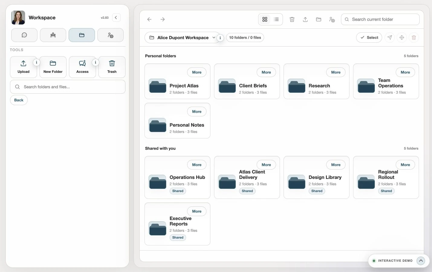 ZNode Workspace interface in the public interactive demo